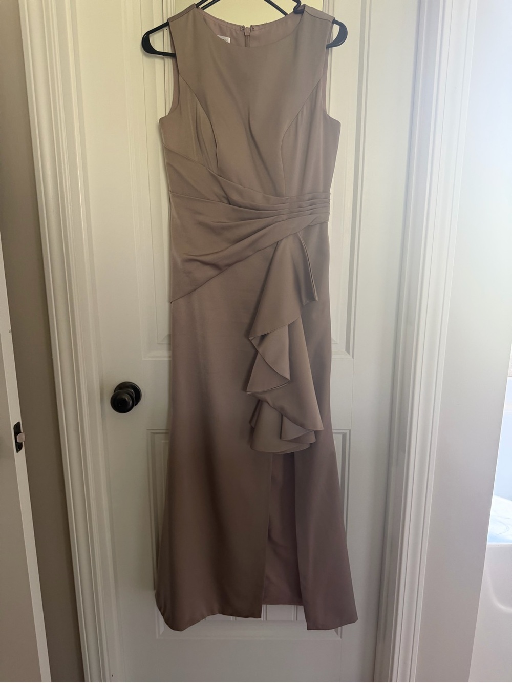 Sleeveless Taupe Maxi Dress with Draped Ruffle Front